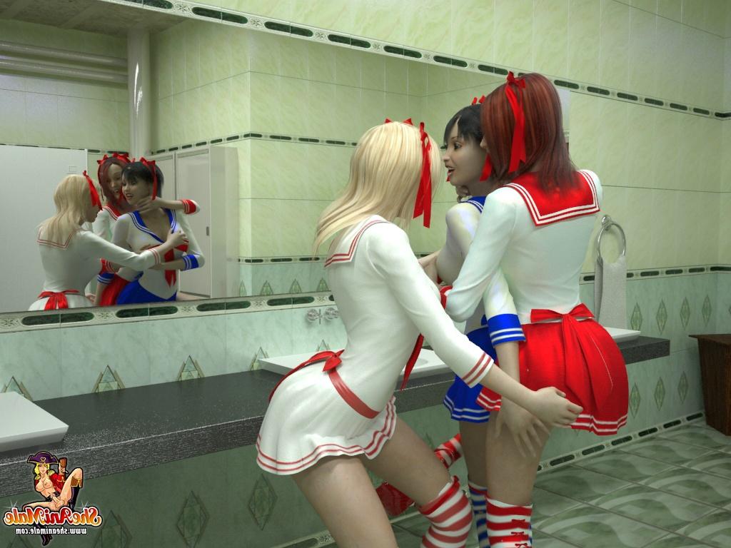15P Drei Anime-Shemale-Schulmädchen ficken sich gegenseitig auf der öffentlichen Toilette