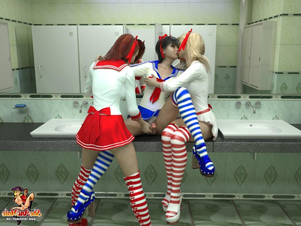 15P Drei Anime-Shemale-Schulmädchen ficken sich gegenseitig auf der öffentlichen Toilette