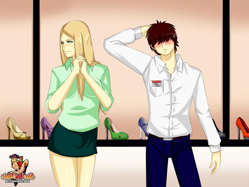 12P Gut bestückte Anime-Transen ficken einen jungen Schuhverkäufer und zwingen ihn, ihre Wichse zu essen