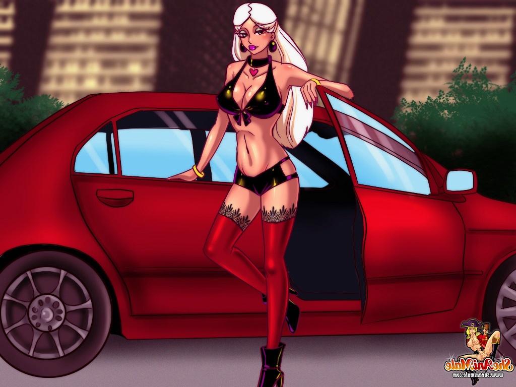 12P Travesti loira animada puxa o pau e fode um cara em um carro vermelho