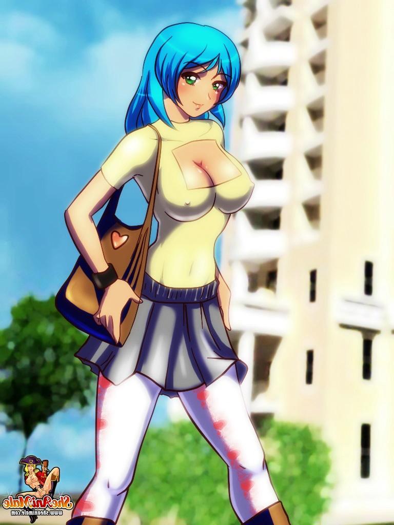 12P Gostosa convida uma travesti Hentai de cabelo azul para sua casa e faz sexo com ela