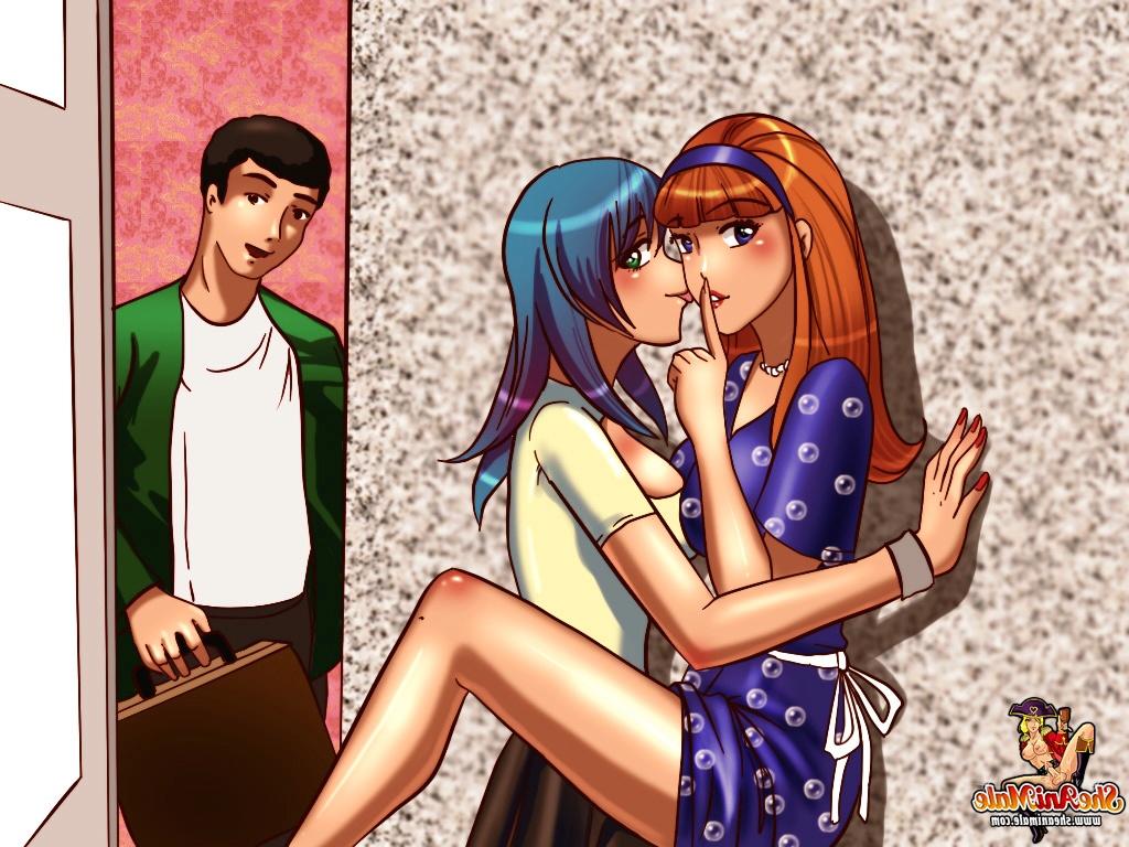 12P Gostosa convida uma travesti Hentai de cabelo azul para sua casa e faz sexo com ela