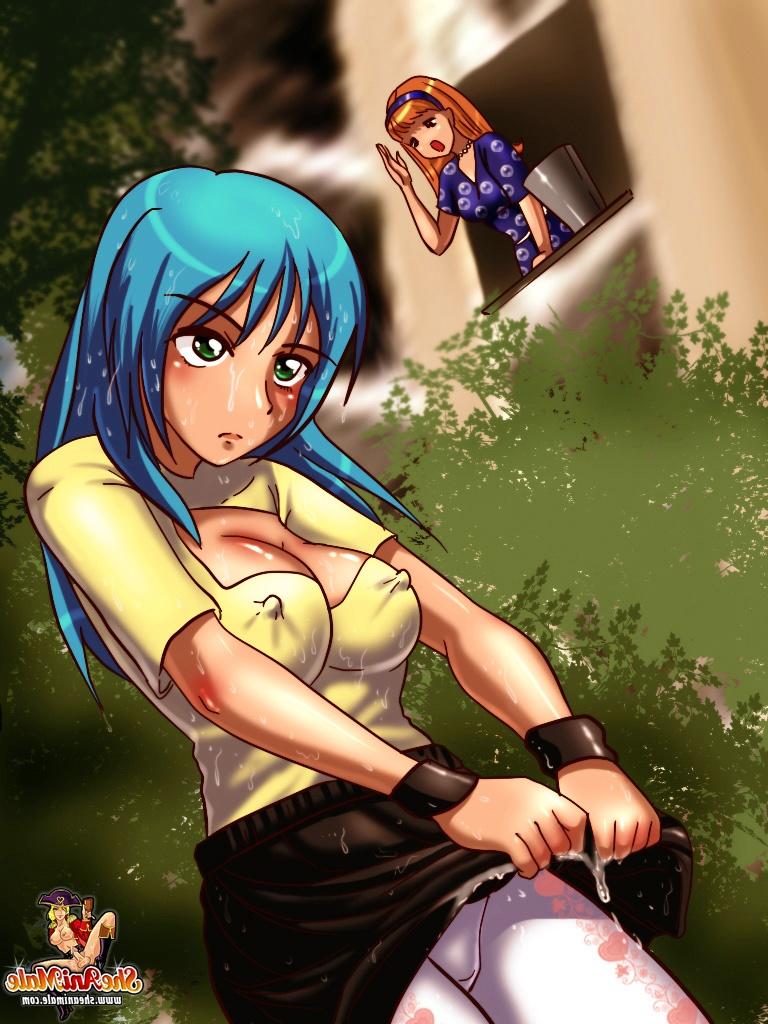 12P Gostosa convida uma travesti Hentai de cabelo azul para sua casa e faz sexo com ela
