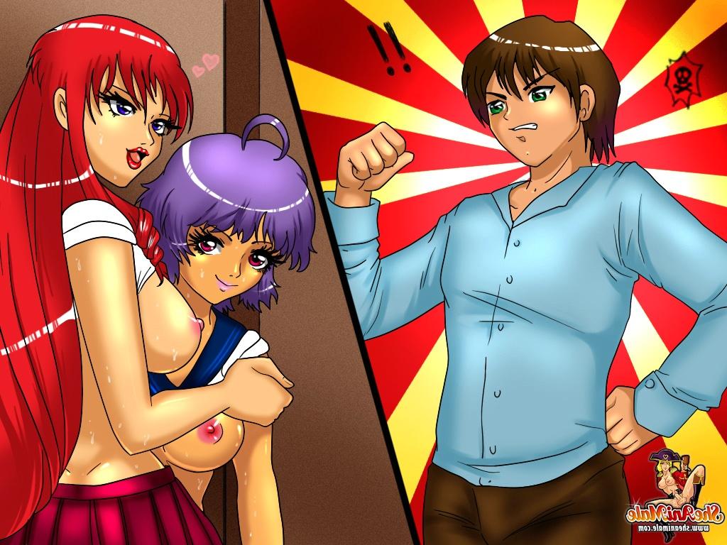 12P Colegialas transexuales de anime participan en un trío con un chico lindo
