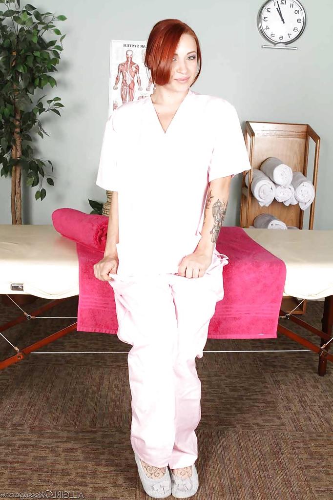 12P Tattooed redhead hottie getting nude in the massage parlor