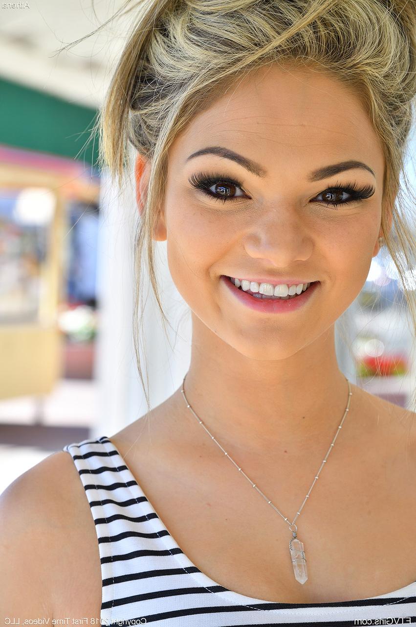 20P Petite cutie Athena removes her dress and flashes her panties in public