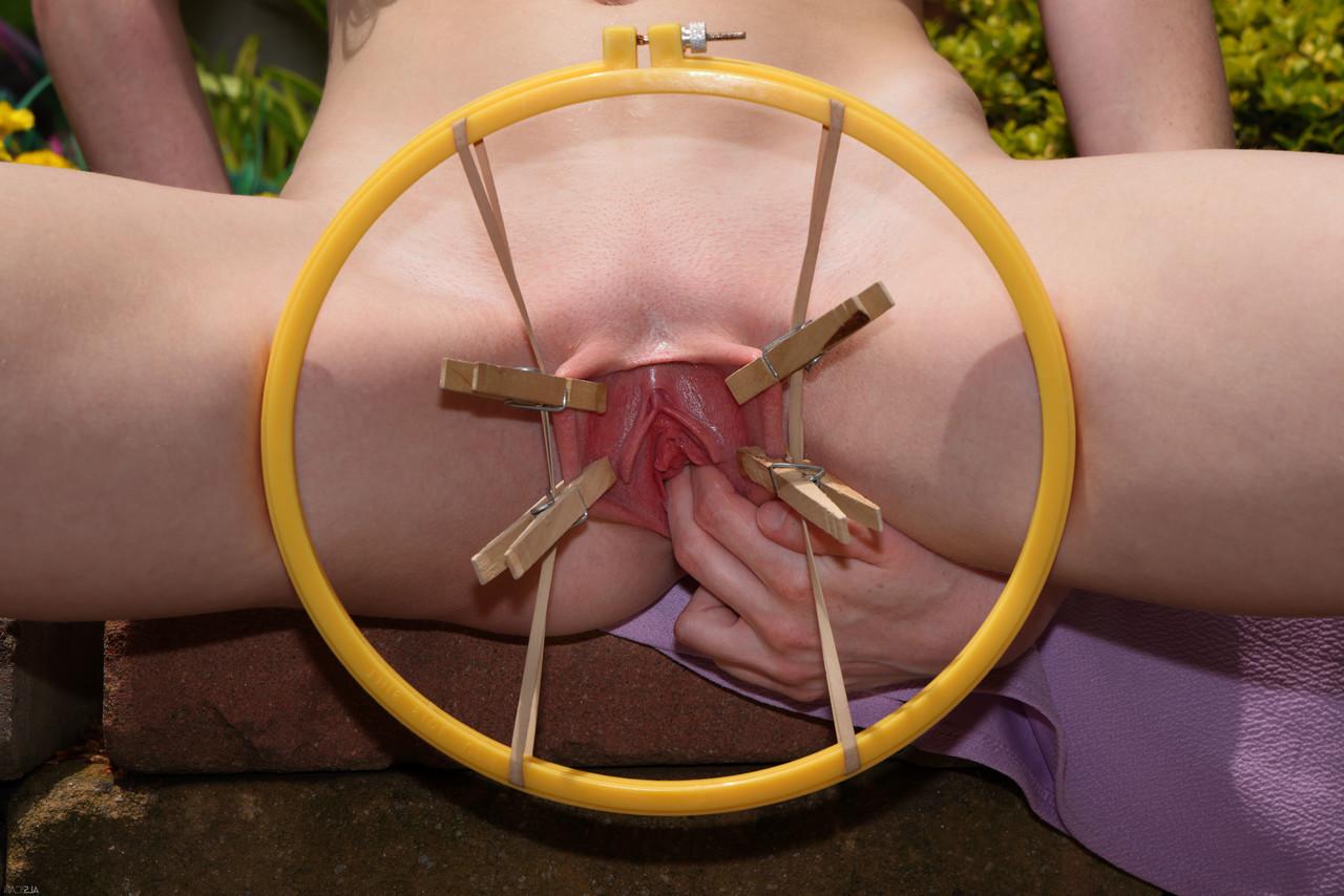20P Petite babe Myra Glasford masturbates with a dildo in a kinky outdoor solo