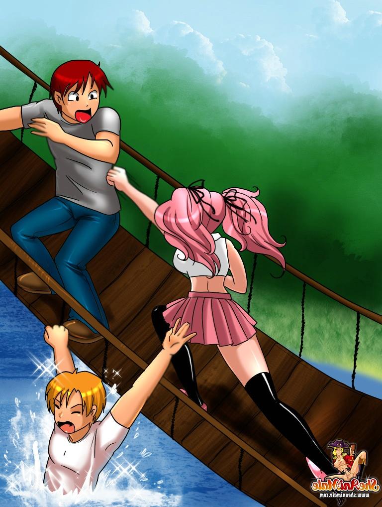 12P Hentai travesti resgatador trepa com um gengibre peitudo e dois meninos tímidos ao ar livre