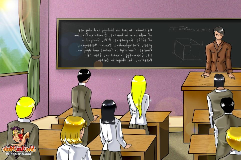 12P Cartoon-Schulmädchen-Transe entblößt ihren Schwanz und bumst ihre Lehrerin