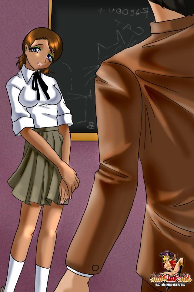 12P Cartoon-Schulmädchen-Transe entblößt ihren Schwanz und bumst ihre Lehrerin