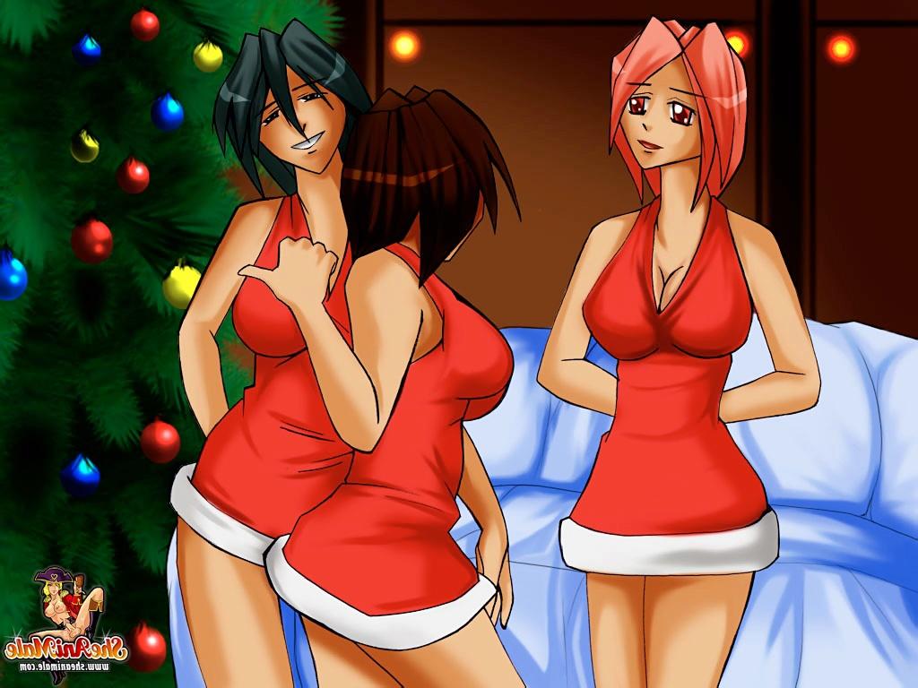 12P Anime shemales ejaculating on each other's big tits in a wild Xmas threesome