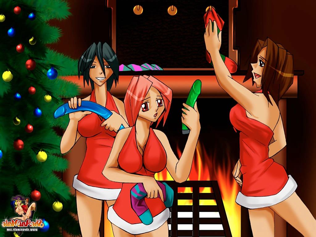 12P Anime shemales ejaculating on each other's big tits in a wild Xmas threesome