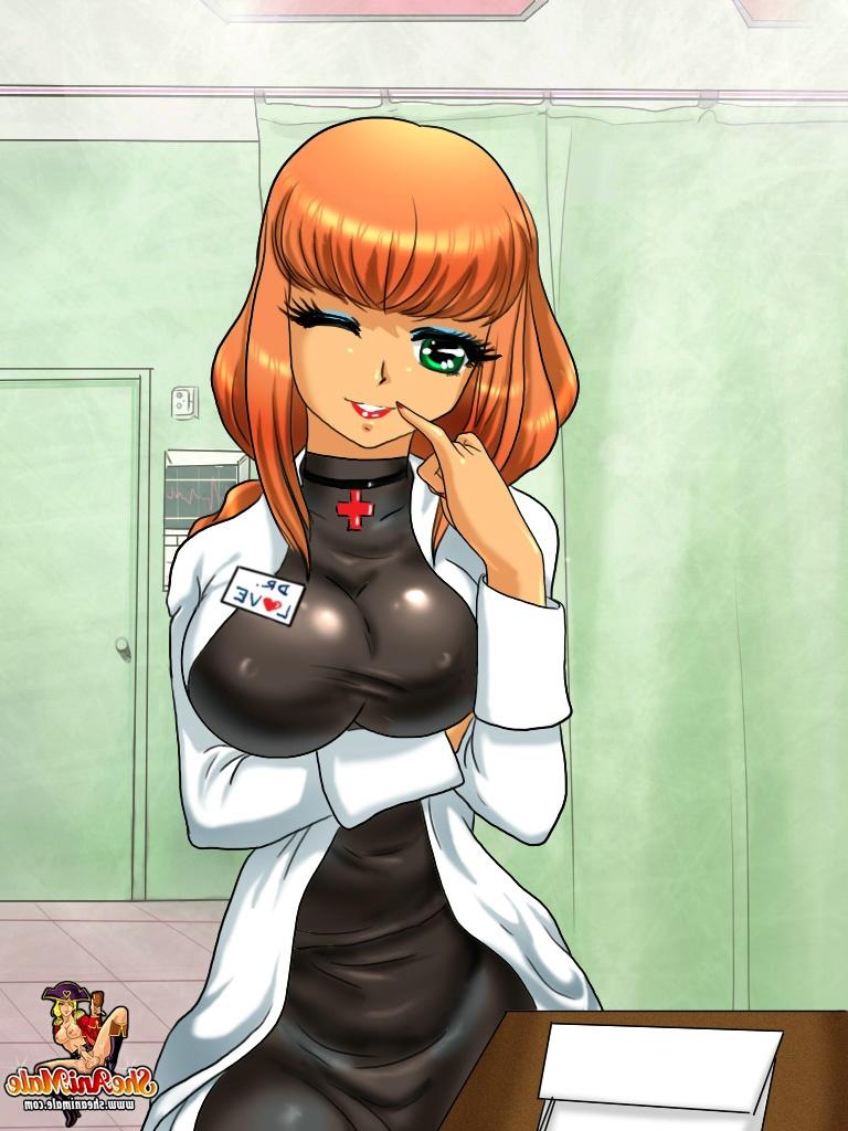 13P Médica travesti de anime de seios grandes e um paciente soprando o pau grande um do outro