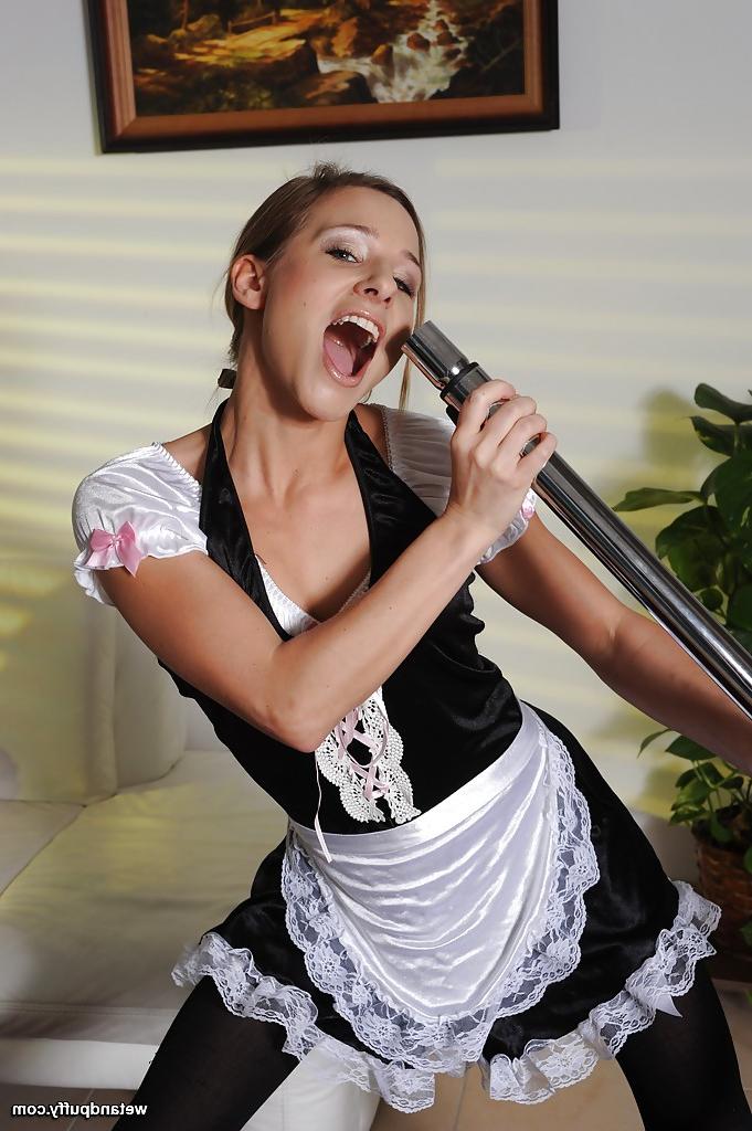 16P Horny French maid clad Hally inserting vacuum cleaner hose into pierced cunt