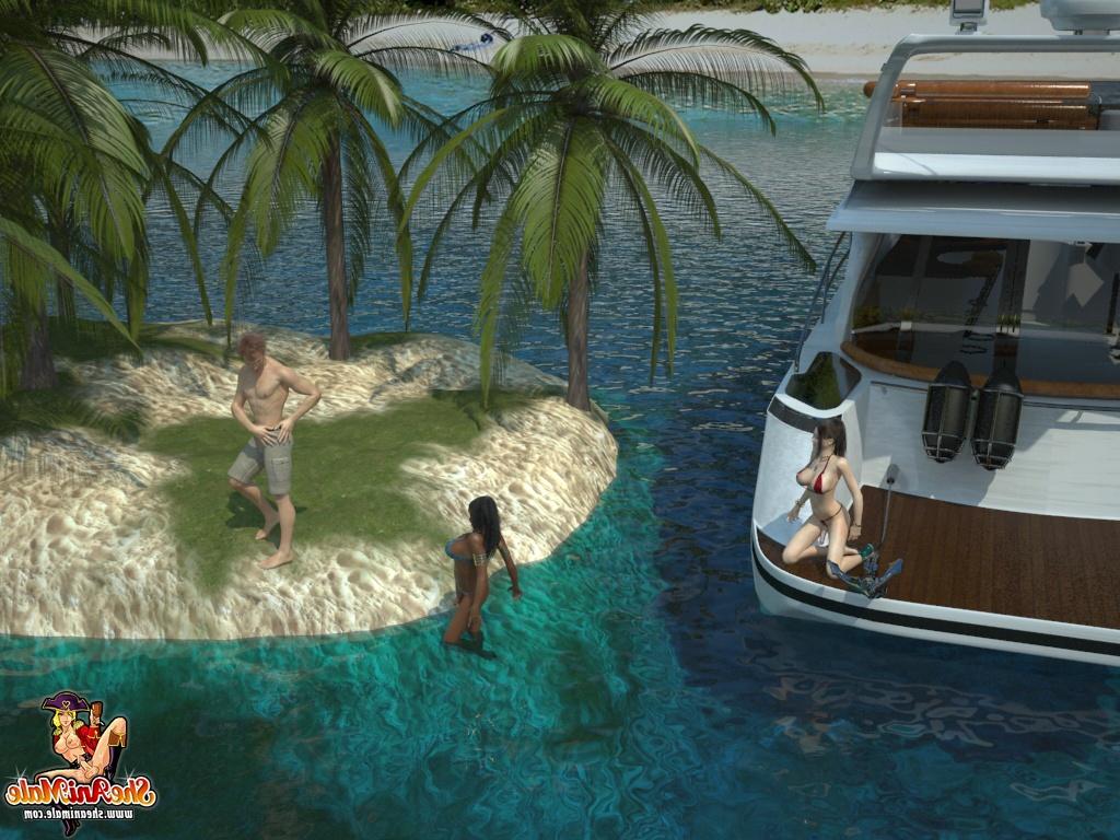 16P Animated transsexuals pounding a kinky guy on a deserted island