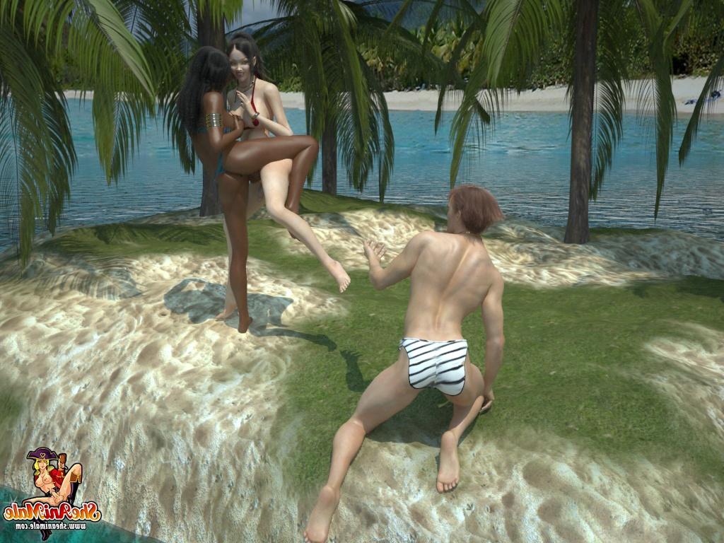 16P Animated transsexuals pounding a kinky guy on a deserted island