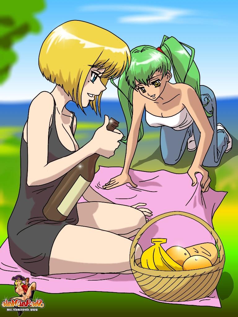 12P Two cute animated shemales pound a poor boy's booty at the picnic