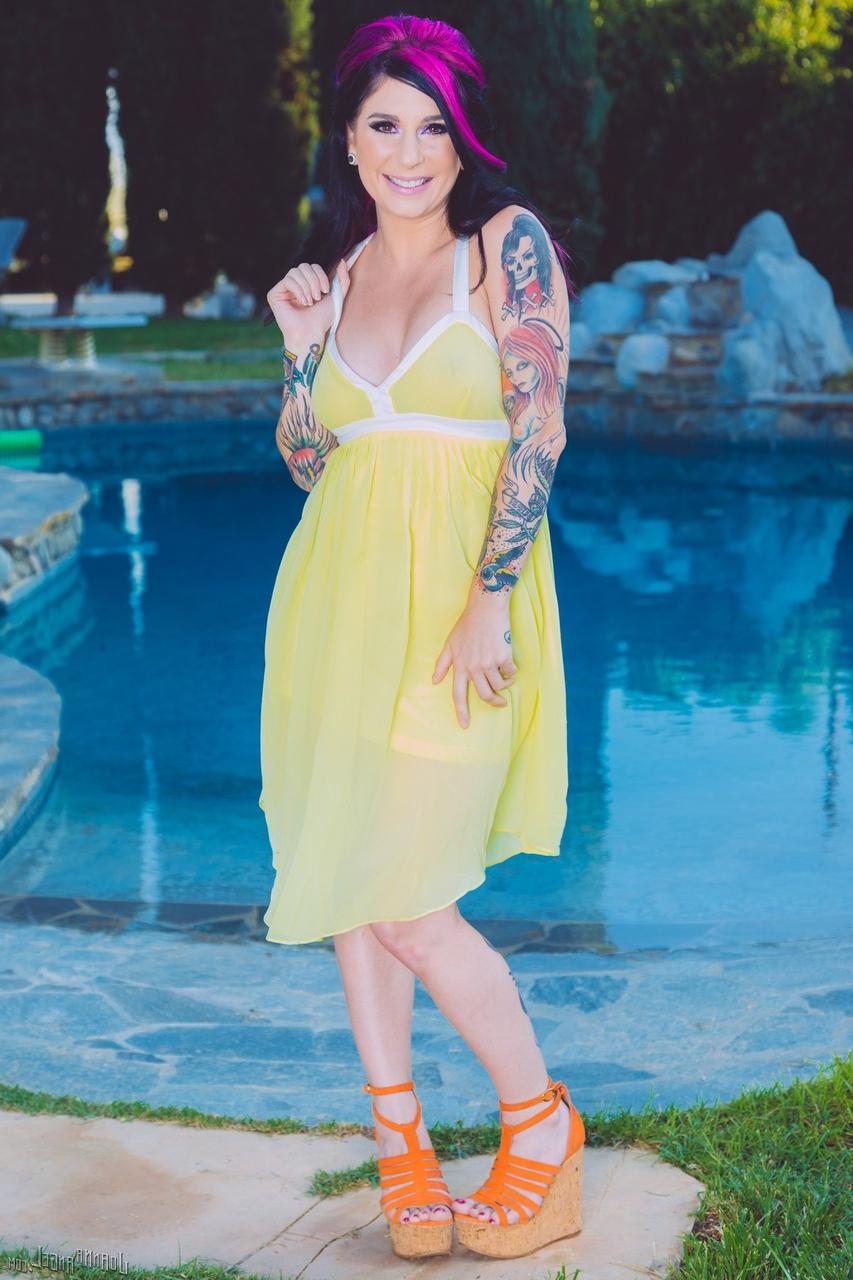 15P Amateur MILF Joanna Angel exposing heavily tattooed body next to pool