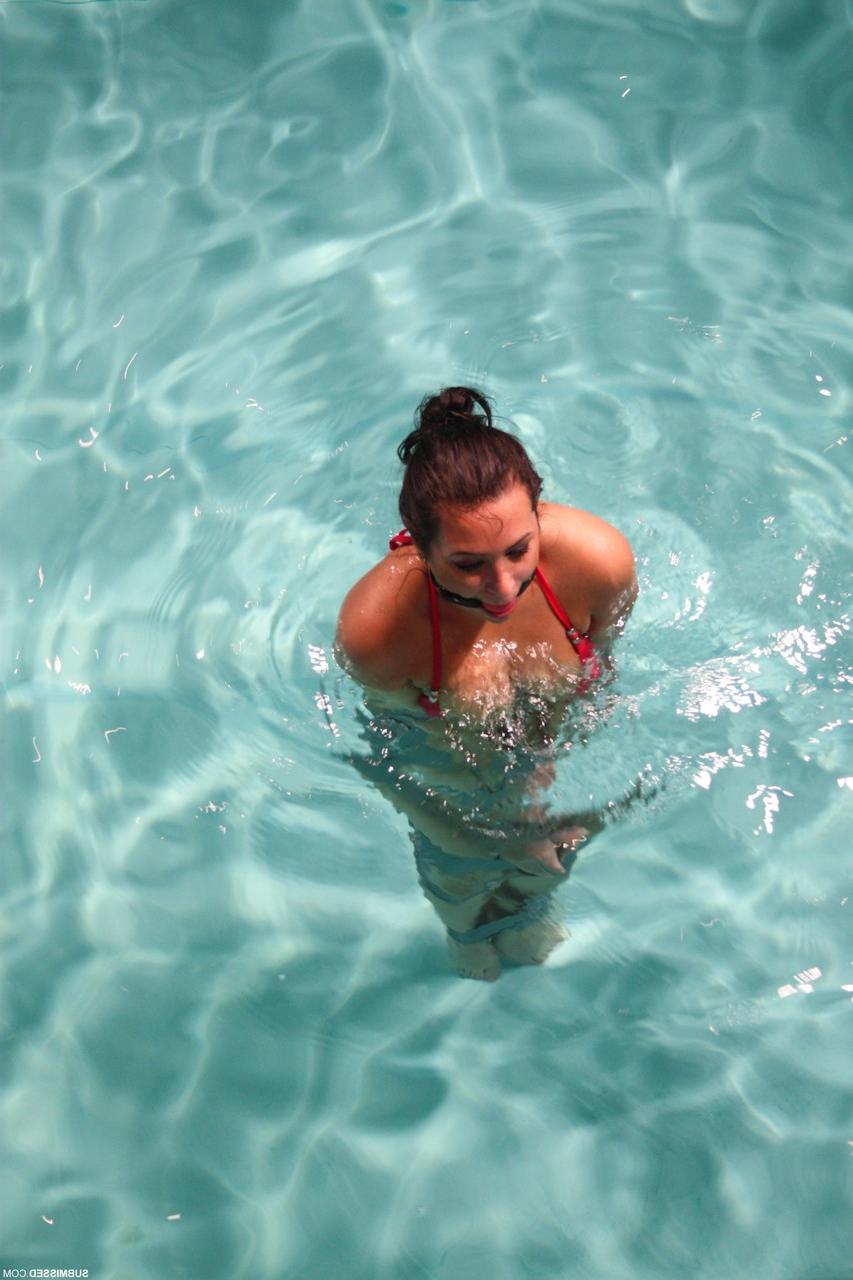 18P Pretty fatty Erika ball gagged & bound with duct tape falls into the pool