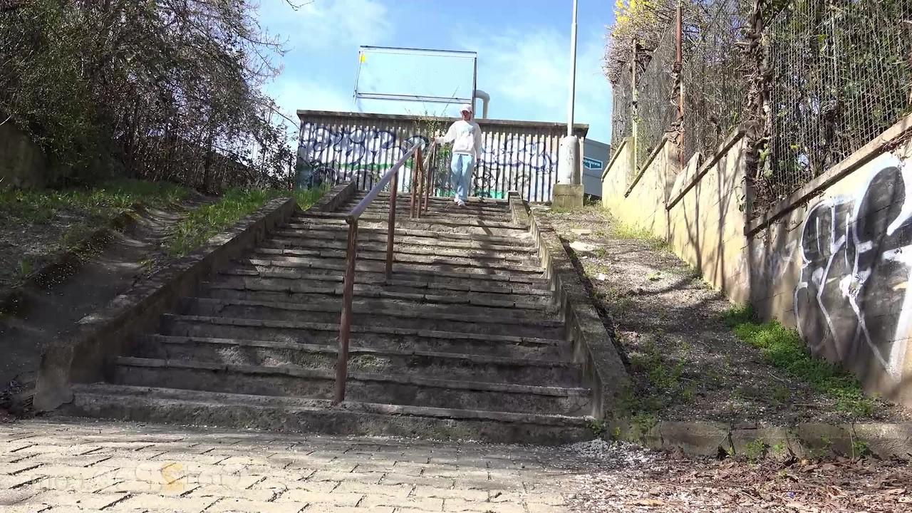 14P Caucasian chick Claudia Macc gets caught taking a piss on a flight of steps
