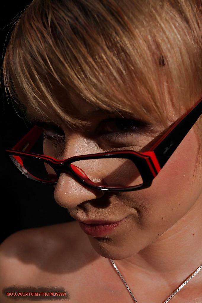 16P Horny MILF in glasses Chicky Clarissa stripping and spreading her legs