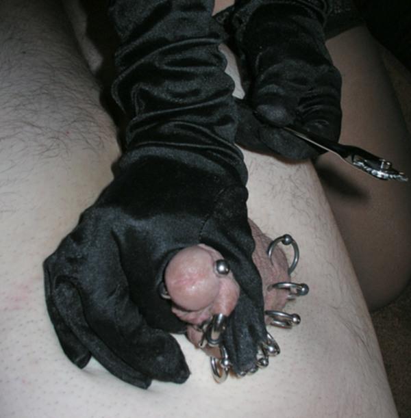 15P Sexy girl Rubee Tuesday crushes a pierced cock in black velvet gloves