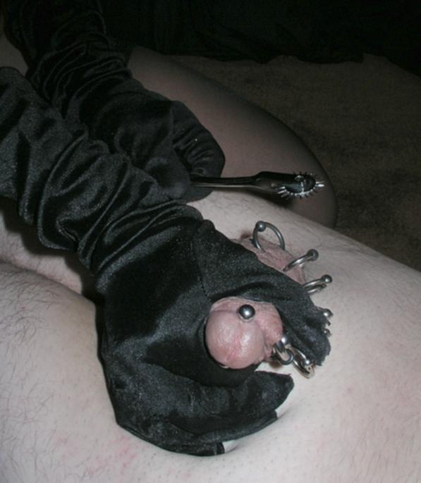 15P Sexy girl Rubee Tuesday crushes a pierced cock in black velvet gloves
