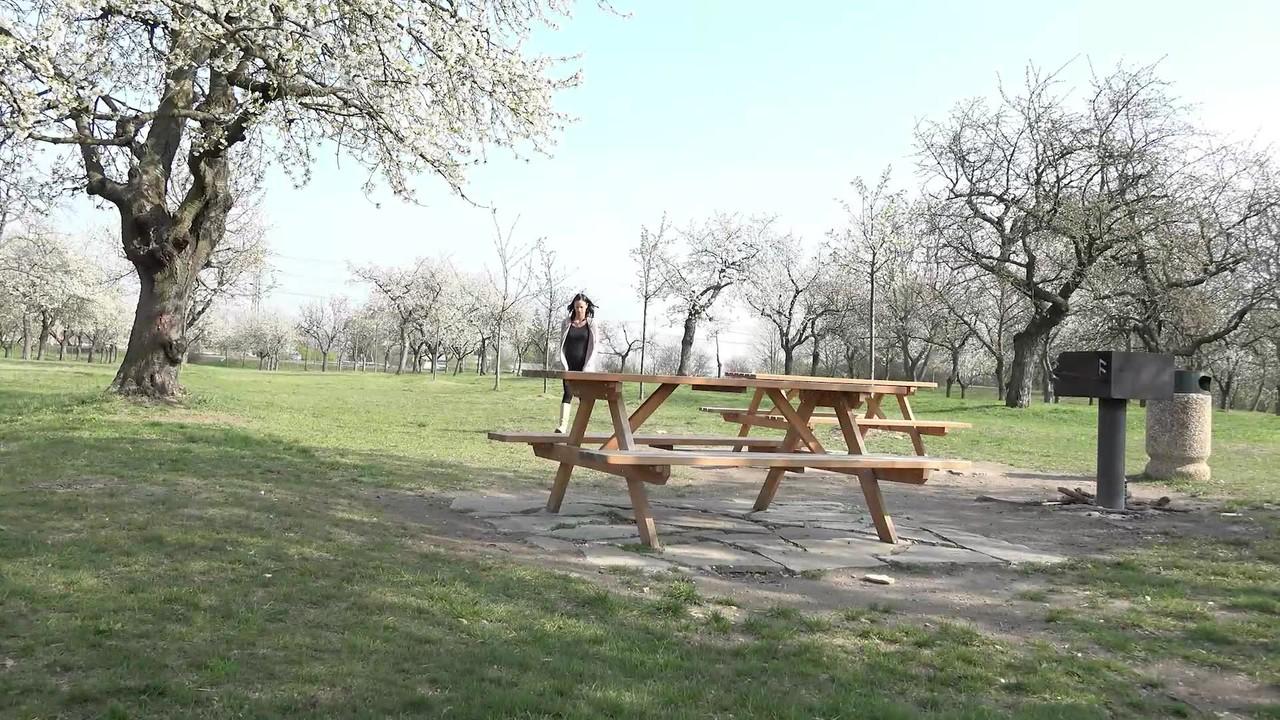 15P Eveline Neill takes a badly needed piss on a picnic table at a park