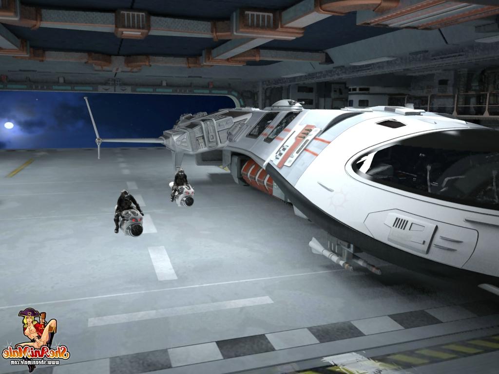 20P Des pilotes de vaisseaux spatiaux transexuelles animés se baisent dans le hangar de la station.