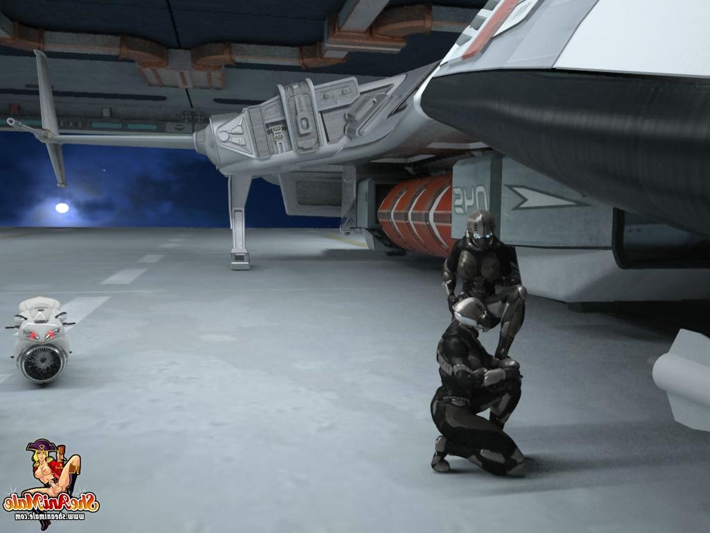 20P Des pilotes de vaisseaux spatiaux transexuelles animés se baisent dans le hangar de la station.