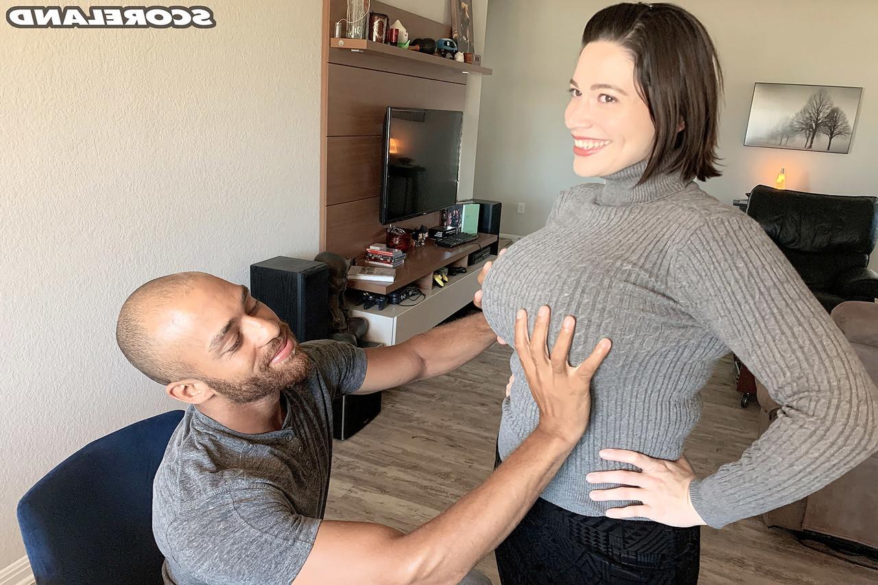 16P Brooklyn Springvalley frees huge tits from a sweater before sex on a sofa