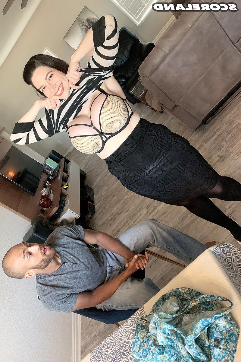 16P Brooklyn Springvalley frees huge tits from a sweater before sex on a sofa