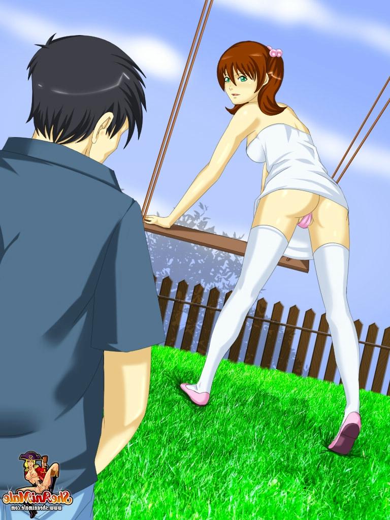 12P Travesti ruiva de anime e um garoto fofo curtindo sexo anal violento no jardim