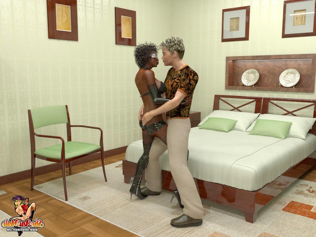 15P Travesti de ébano animado com peitos grandes transando com um cara branco amarrado na cama
