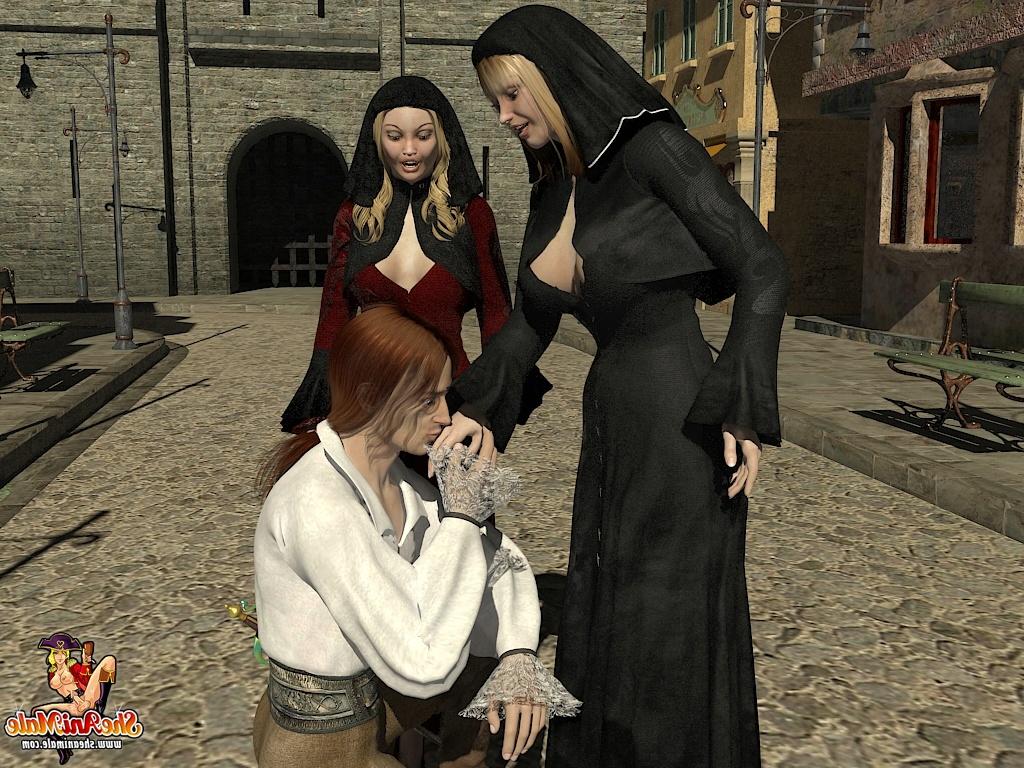 20P Cartoon shemale witches spit roasting a handsome young stranger