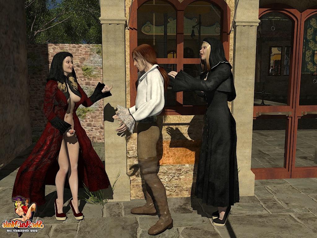 20P Cartoon shemale witches spit roasting a handsome young stranger