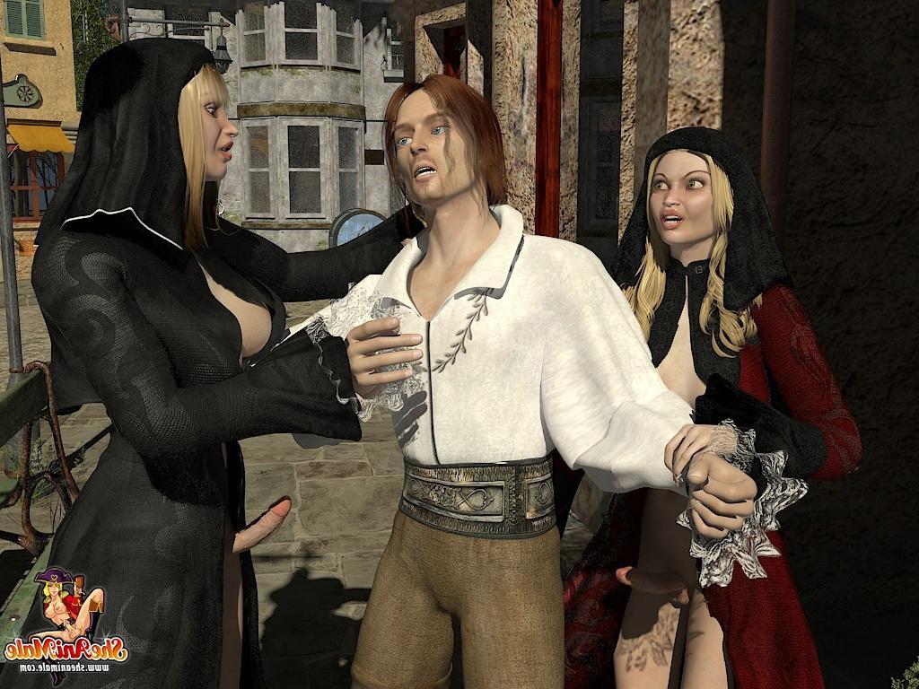 20P Cartoon shemale witches spit roasting a handsome young stranger