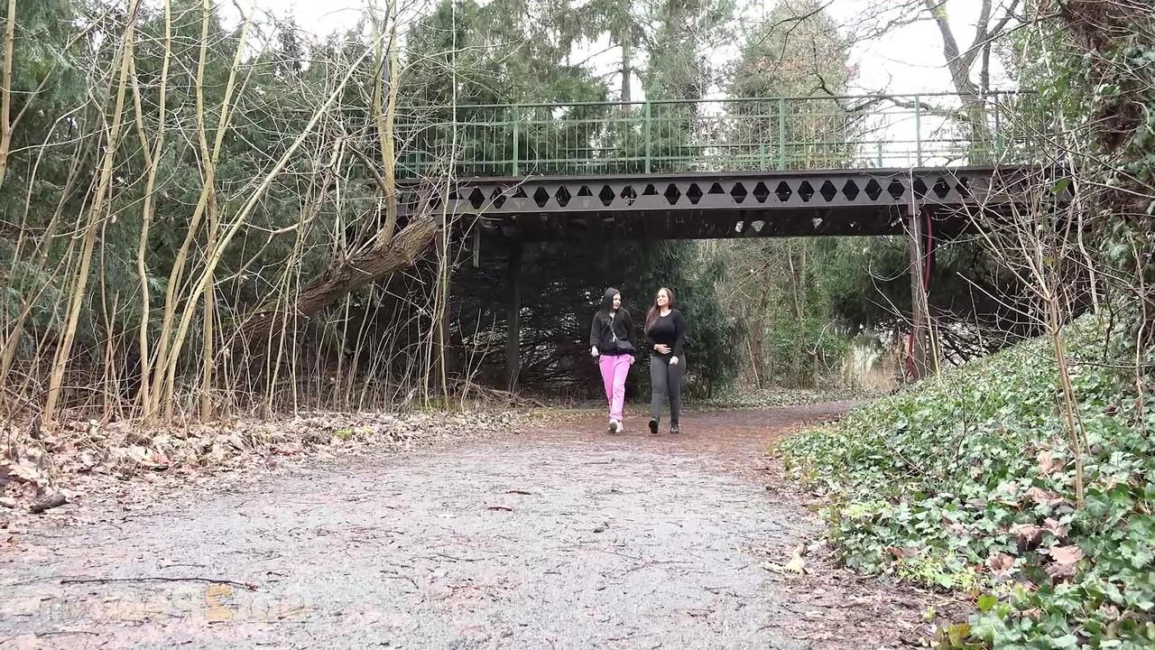 15P Selena and her girlfriend both squat to take a piss on a rural path