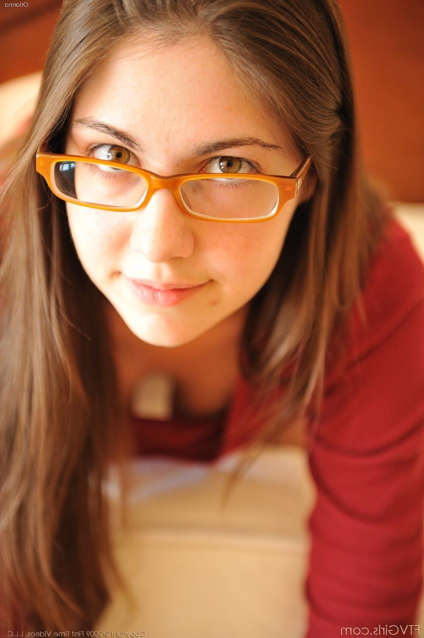20P Brunette nerd with naturals Orianna toys her tasty pussy on a bed