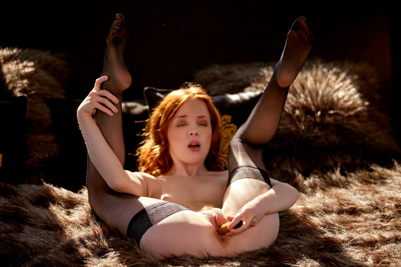 20P Redheaded Russian babe Lottie Magne poses in her lingerie & fucks a golden toy
