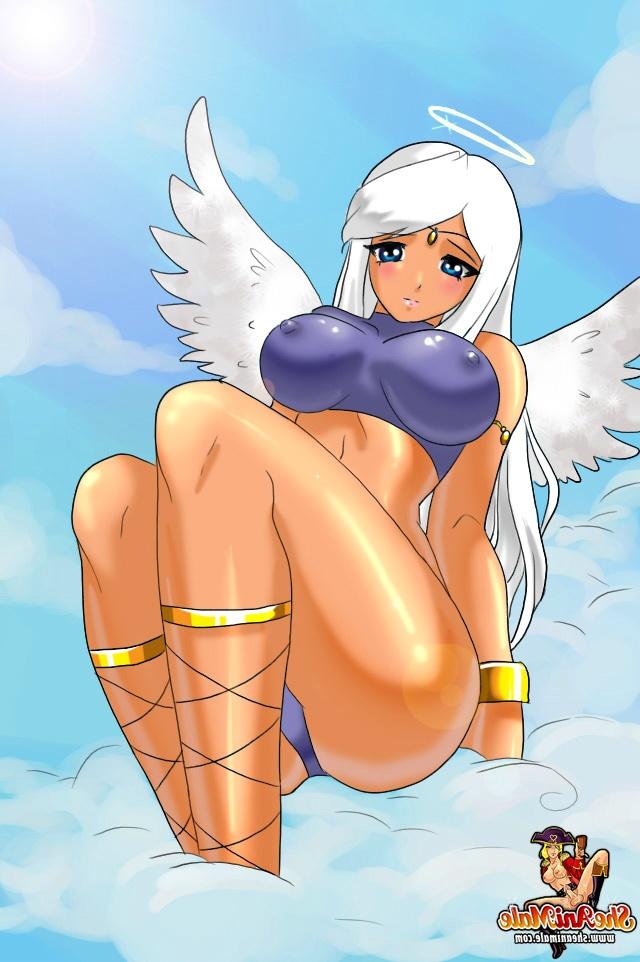 12P Anjo de desenho animado curvilíneo e diabo travesti fodendo no topo de uma nuvem