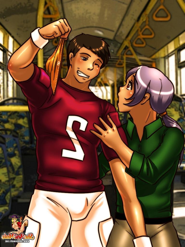 12P Animated shemale in a skirt sticks her dong in a guys rear hole in a bus