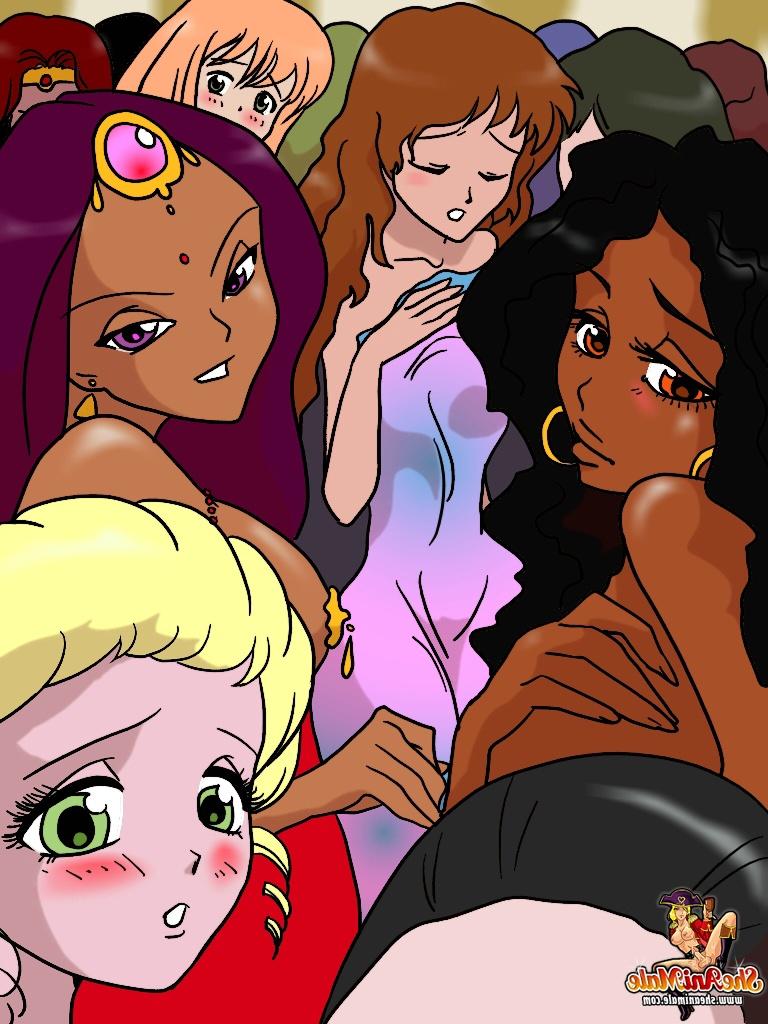 12P Animated Aladdin and several shemales enjoy an interracial group bang
