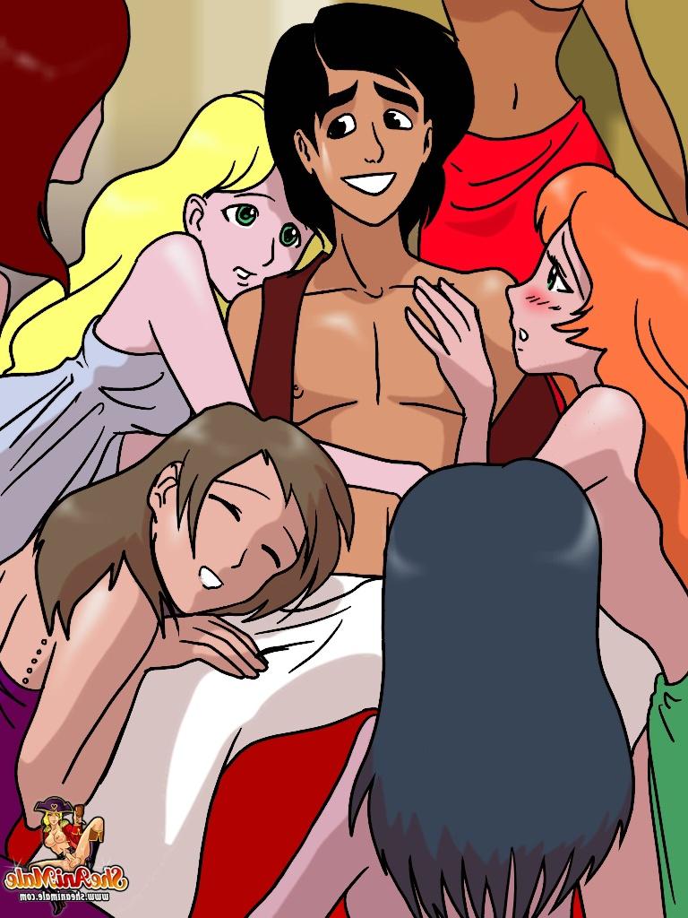 12P Animated Aladdin and several shemales enjoy an interracial group bang