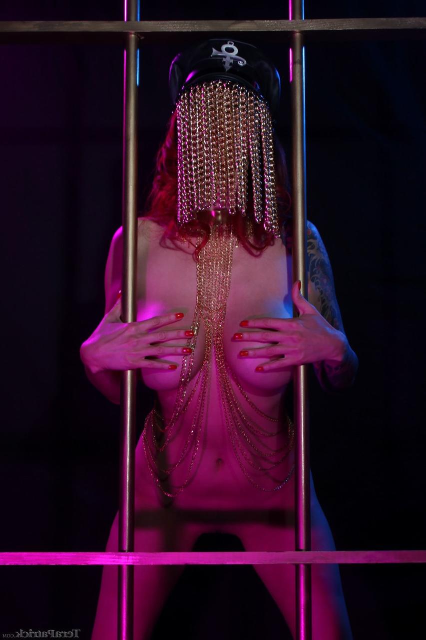 17P Asian model Tera Patrick displays her big boobs behind metal bars