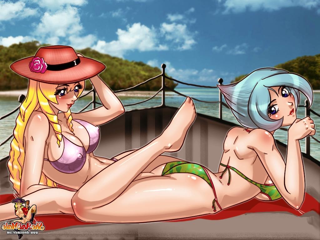 12P Duas travestis gostosas de anime tiram seus biquínis e transam com um marinheiro fofo no barco