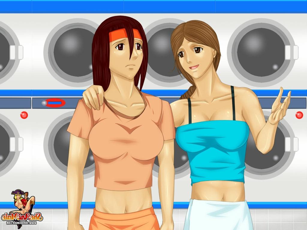 12P Busty animated shemales bang each other's asshole in a laundry room