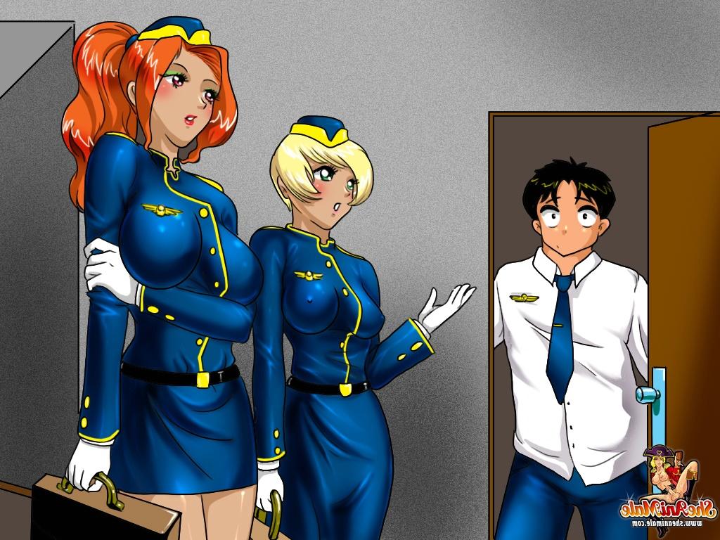 12P Dos azafatas transexuales tetonas se follan a un lindo piloto en un trío anime