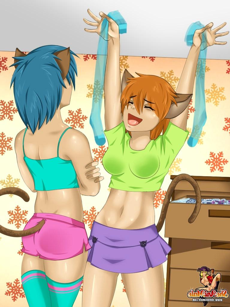 12P Gatos travestis de desenho animado expõem seus seios enormes e se fodem na cama