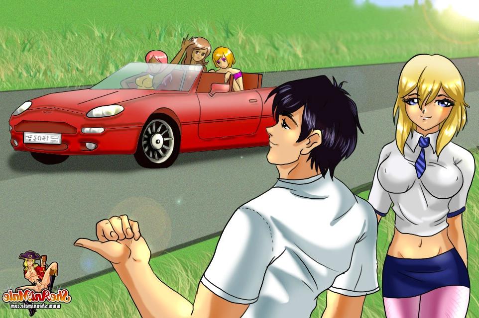 12P Dos muñecas transexuales anime cachondas recogen a un lindo semental en la carretera y le follan el culo